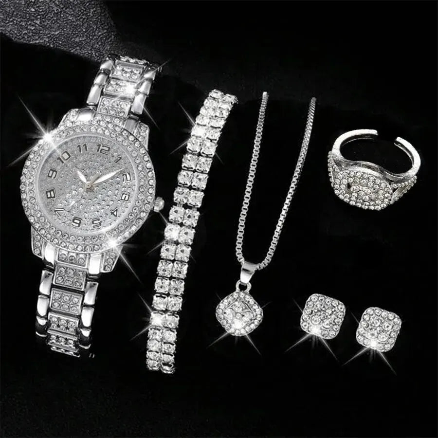6 montres pour femme de luxe élégantes en alliage avec cristaux, bracelet en strass, montre à quartz, cadeau pour femme