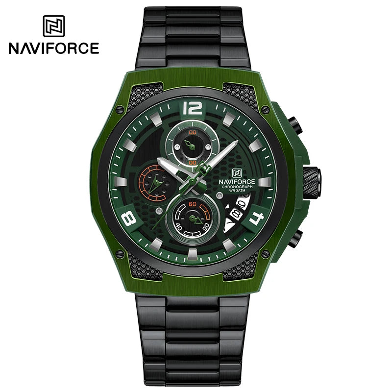 Montres Homme Sport Décontractées Marque NAVIFORCE Chronographe à Quartz Multifonction avec Affichage de la Date Bracelet en Acier Montre-Bracelet Reloj Hombre