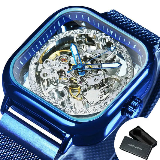 Forsining Square Skeleton Automatic Watch for Men Luminous Hands Engraved Movement Luxury Mechanical Watches Mesh Steel  Strap