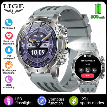 New 2026 Outdoor 800mAh Large Battery Smart Watch Men LED Flashlight Bluetooth Call Compass Sports Fitness Waterproof Smarwatch