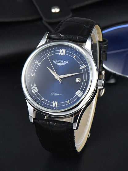 Automatic mechanical watch with date display and leather strap