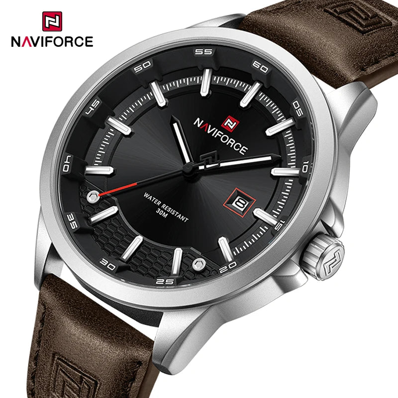 NAVIFORCE Nouvelle collection de montres pour hommes en cuir véritable confortable, mouvement japonais, date, étanche, cadeaux pour homme 2025