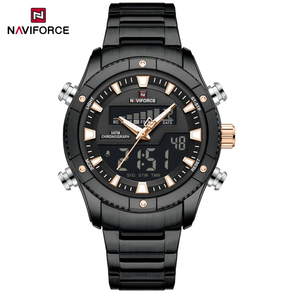 Montre NAVIFORCE Originale Neuve pour Hommes Double Affichage Heure Étanche Acier Inoxydable Multifonction Compte à Rebours Sports Réveil