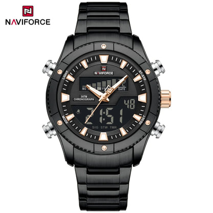 Montre NAVIFORCE Originale Neuve pour Hommes Double Affichage Heure Étanche Acier Inoxydable Multifonction Compte à Rebours Sports Réveil
