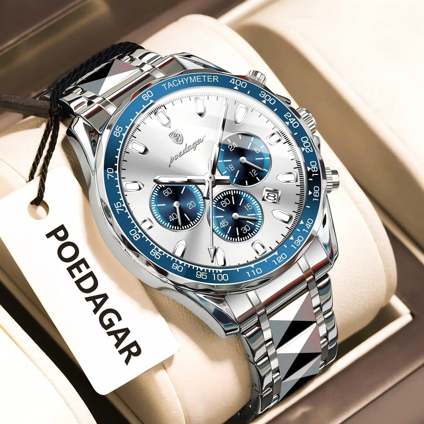 POEDAGAR Montre Homme Luxe Étanche Lumineuse en Acier Inoxydable Montre Chronographe à Quartz avec Date pour Homme d'Affaires