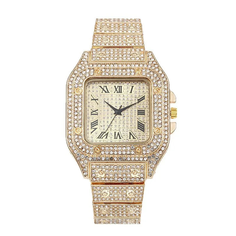 Montre de luxe pour hommes, bracelet élégant en alliage, montre à quartz, date, diamant, or, style Hip Hop Montre Homme