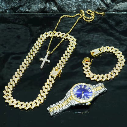 ChronoState Bling Ensemble de 4 pièces – Montre à quartz Hip Hop et collection de bijoux chaîne cubaine