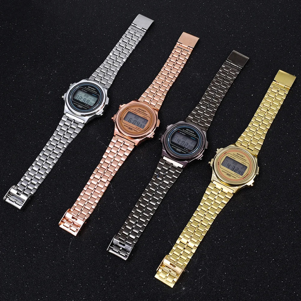 Montre électronique LED décontractée pour femmes, montre numérique LED rétro à bracelet en acier inoxydable pour dames, montre-bracelet de sport multifonction