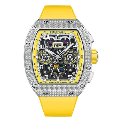 Montre Automatique BONEST GATTI Tonneau Mécanique Bracelet Caoutchouc Lunette Diamant Montres Pour Hommes