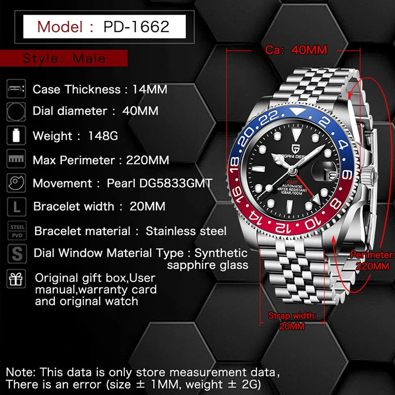 PAGANI DESIGN PD-1662 Luxury GMT Men Mechanical Wristwatch Sapphire Glass Stainless Steel 100M Waterproof Automatic Watches