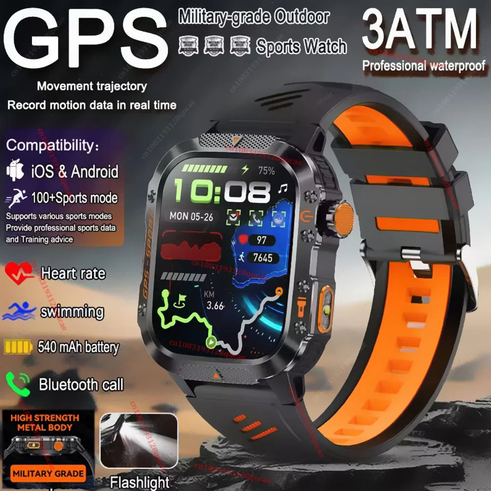 2026 Military Outdoor Smart Watch Men's GPS Flashlight Bluetooth Call 2.01" AMOLED Screen 3ATM Waterproof Sports Smartwatch Hw12