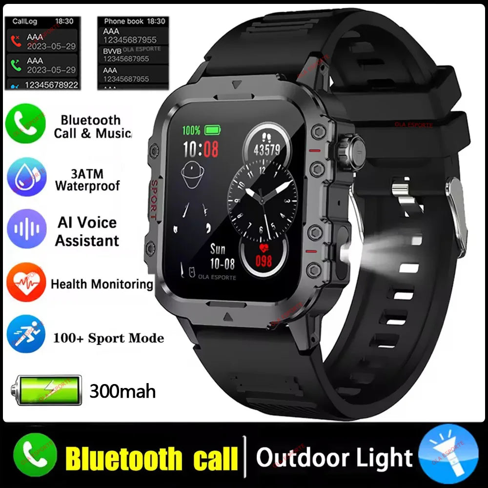 2026 Military Outdoor Smart Watch Men's GPS Flashlight Bluetooth Call 2.01" AMOLED Screen 3ATM Waterproof Sports Smartwatch Hw12