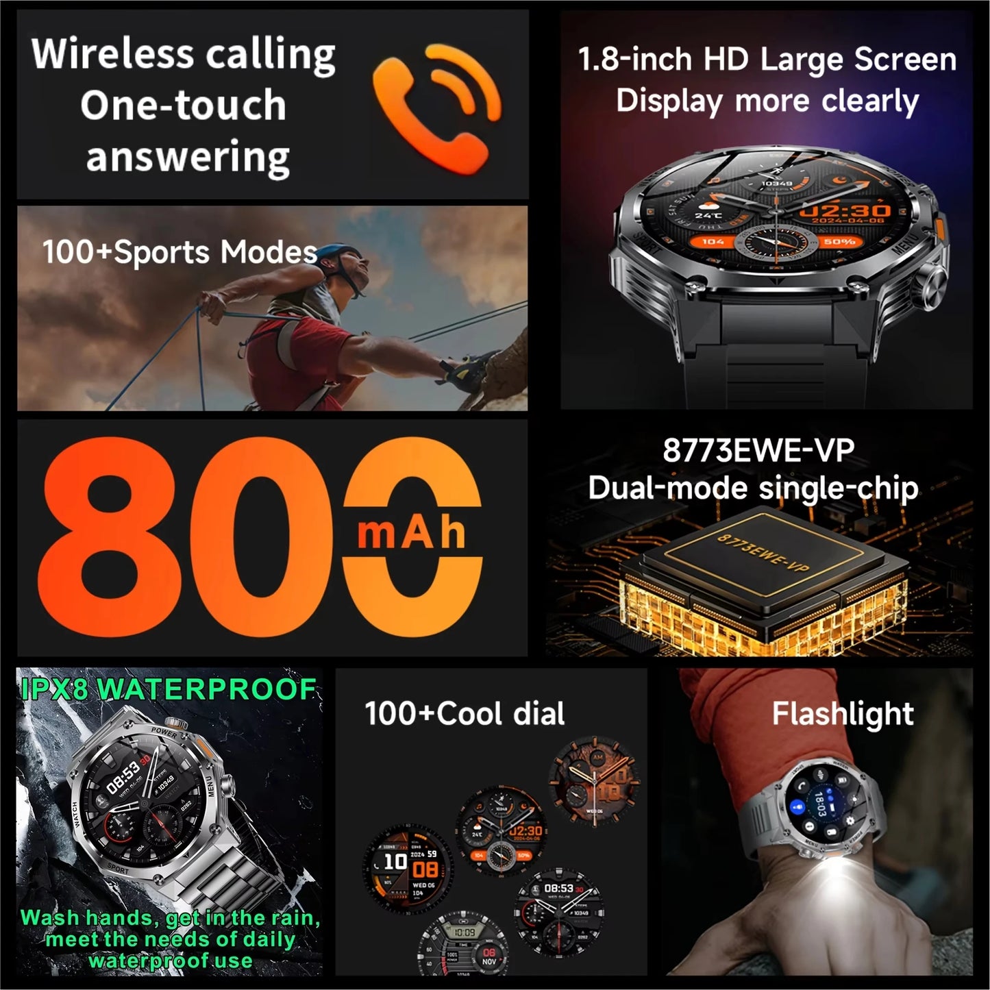 Nouvelle montre intelligente de sport robuste d'extérieur, écran HD 1,8" 390*390, batterie longue durée 800 mAh, suivi de la condition physique, calories, distance.