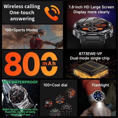 Nouvelle montre intelligente de sport robuste d'extérieur, écran HD 1,8" 390*390, batterie longue durée 800 mAh, suivi de la condition physique, calories, distance.
