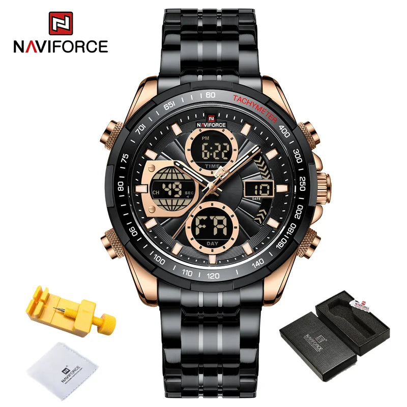Montres de Luxe NAVIFORCE Or pour Homme Montre-bracelet Sport Militaire Numérique Quartz Bracelet Acier Étanche Lumineuse Réveil