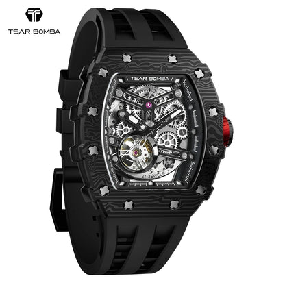 TSAR BOMBA Carbon Fiber Automatic Mechanical Watch for Men Waterproof Skeleton Mens Watches Top Brand Luxury Wristwatches