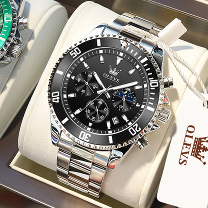 OLEVS Chronograph Moon Phase Date Stainless Steel Dial