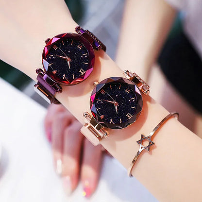 Montres Femme Ciel Étoilé Boucle Magnétique Ceinture en Maille Diamant Montre à Quartz Robe Horloge