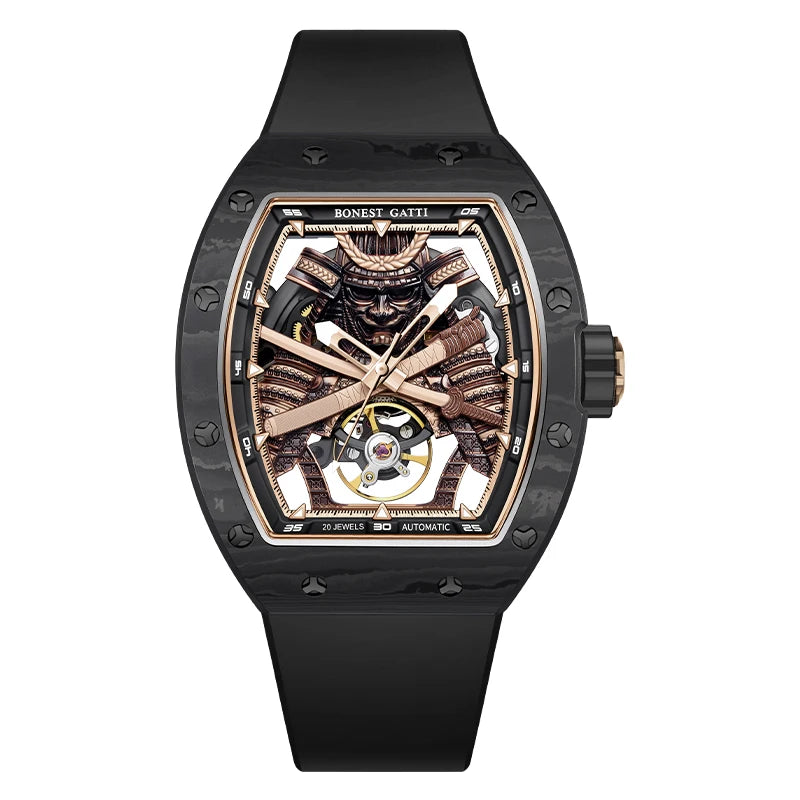 BONEST GATTI Montre-bracelet mécanique à mouvement automatique pour hommes, cadran squelette Warrior grand format, verre saphir