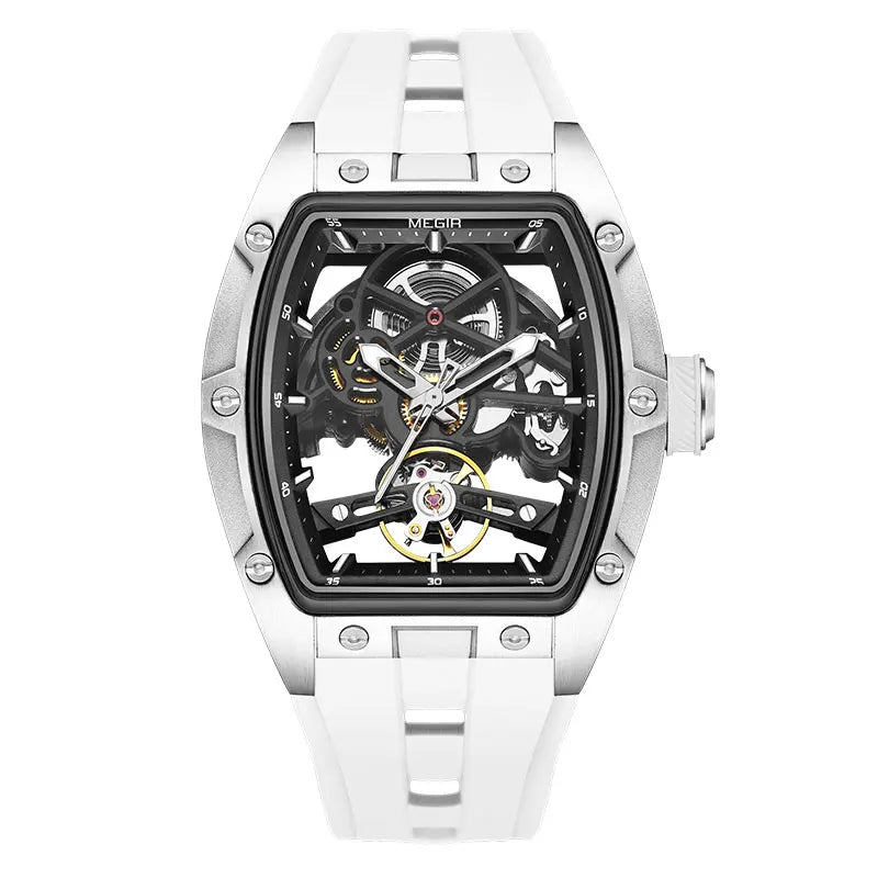 Montre-bracelet MEGIR pour hommes, mode, noire, étanche, mécanique automatique, avec aiguilles lumineuses, bracelet en silicone, cadran tonneau 2242