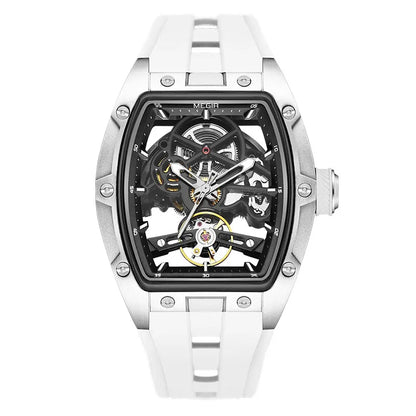 Montre-bracelet MEGIR pour hommes, mode, noire, étanche, mécanique automatique, avec aiguilles lumineuses, bracelet en silicone, cadran tonneau 2242