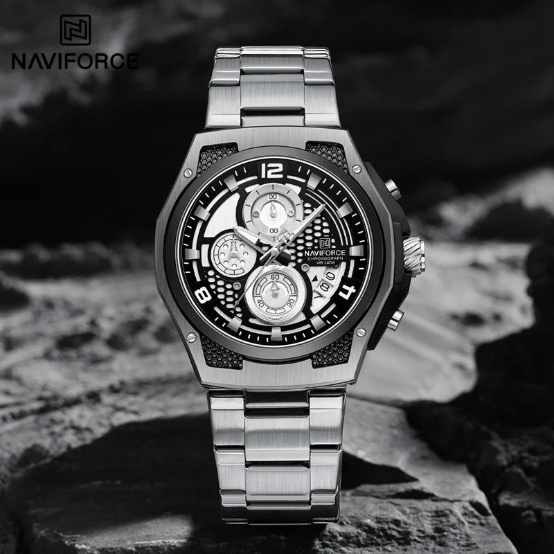 Montres Homme Sport Décontractées Marque NAVIFORCE Chronographe à Quartz Multifonction avec Affichage de la Date Bracelet en Acier Montre-Bracelet Reloj Hombre