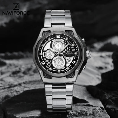 Montres Homme Sport Décontractées Marque NAVIFORCE Chronographe à Quartz Multifonction avec Affichage de la Date Bracelet en Acier Montre-Bracelet Reloj Hombre