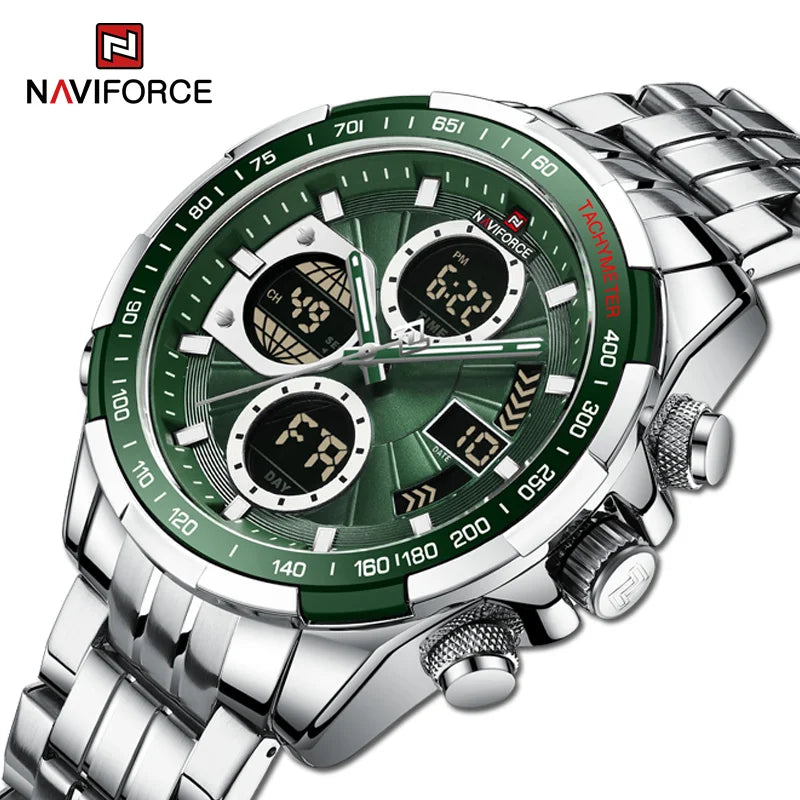 NAVIFORCE Montre-bracelet de sport décontractée pour homme en acier inoxydable étanche lumineuse à double affichage à quartz Horloge Homme Reloj Hombre