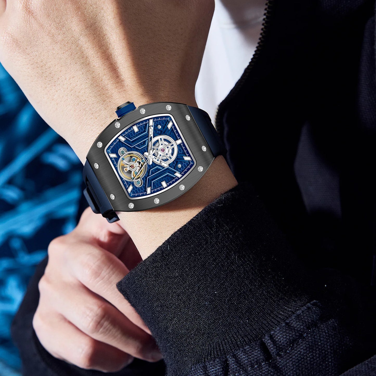 CHANCE Men Wristwatch Fashion Black Waterproof Automatic Mechanical Watch with Luminous Hands Silicone Strap Tonneau Dial