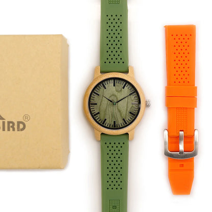 BOBO BIRD Montre en bois de bambou pour homme, montre à quartz avec bracelet en silicone vert, bracelet supplémentaire, cadeau pour homme avec boîte relogio masculino W-B06