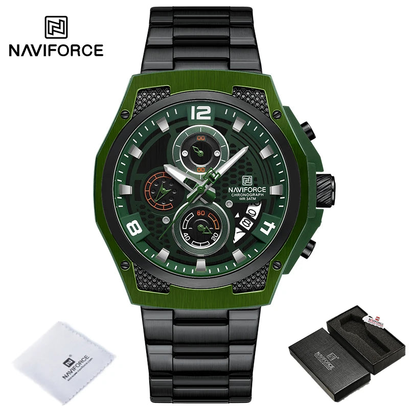 Montres Homme Sport Décontractées Marque NAVIFORCE Chronographe à Quartz Multifonction avec Affichage de la Date Bracelet en Acier Montre-Bracelet Reloj Hombre