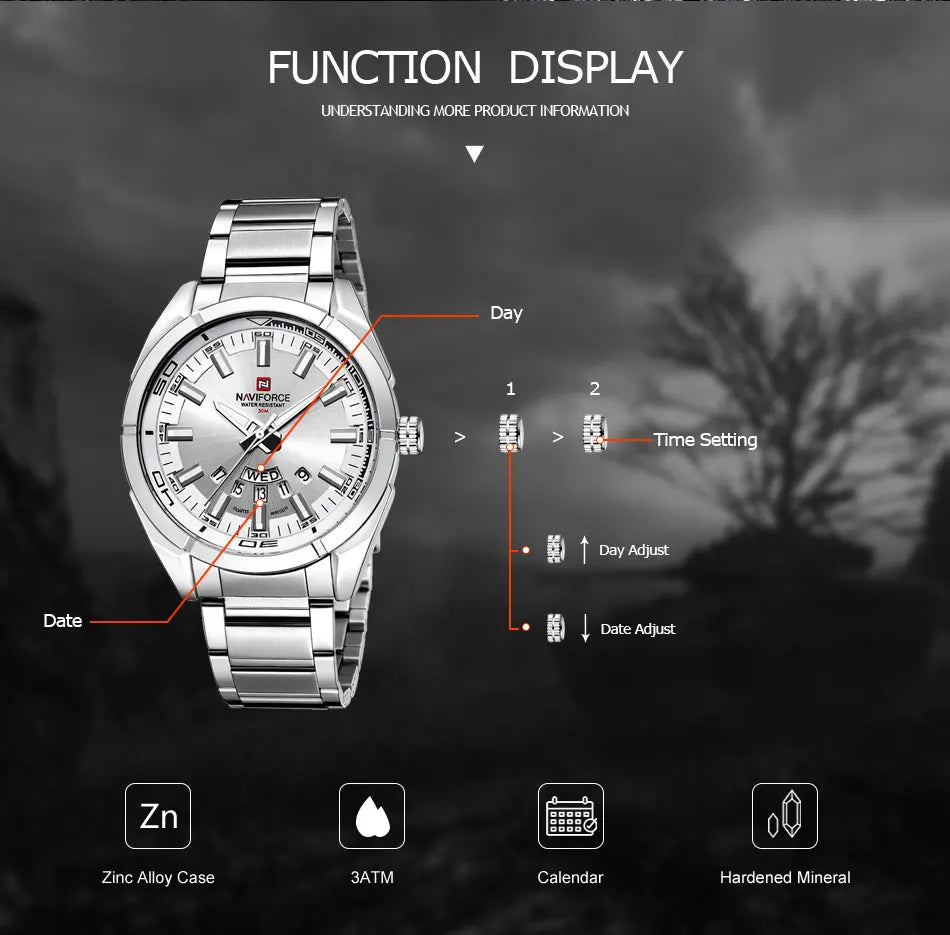 Montre NAVIFORCE classique décontractée pour homme, en acier inoxydable, sport, étanche, affichage de la date, horloge à quartz, Relogio Masculino