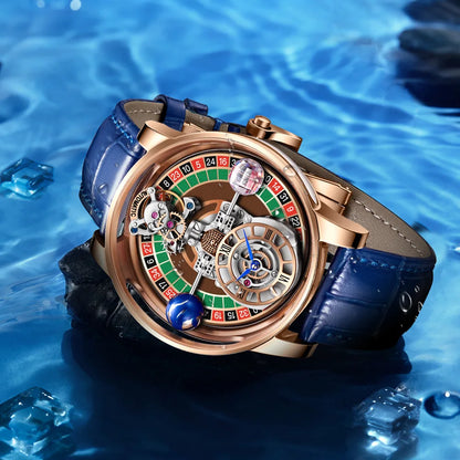 HAEMMER Celestial Roulette watch with transparent hollow dial and leather strap