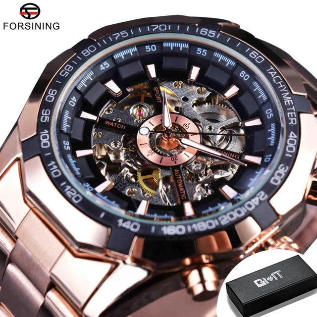 Forsining 2025 Montres Homme Squelette en Acier Inoxydable Étanche Marque de Luxe Transparente Mécanique Sport Montres-bracelets pour Hommes