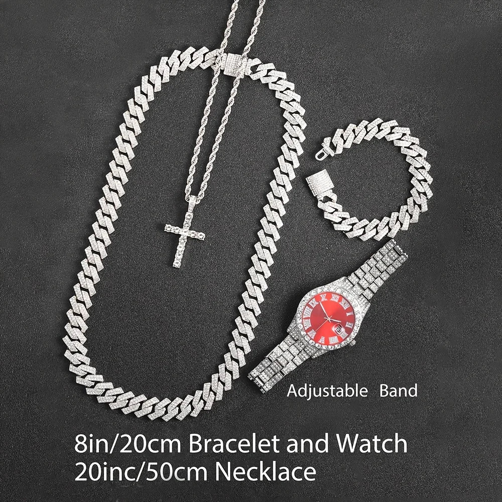 ChronoState Bling Ensemble de 4 pièces – Montre à quartz Hip Hop et collection de bijoux chaîne cubaine
