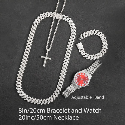 ChronoState Bling Ensemble de 4 pièces – Montre à quartz Hip Hop et collection de bijoux chaîne cubaine