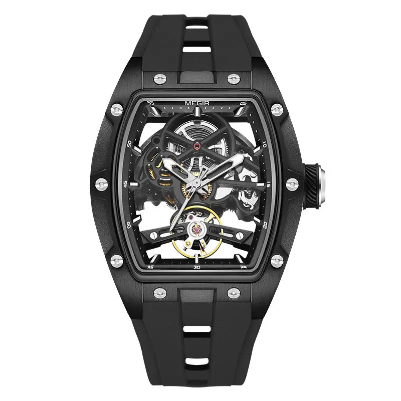 Montre-bracelet MEGIR pour hommes, mode, noire, étanche, mécanique automatique, avec aiguilles lumineuses, bracelet en silicone, cadran tonneau 2242