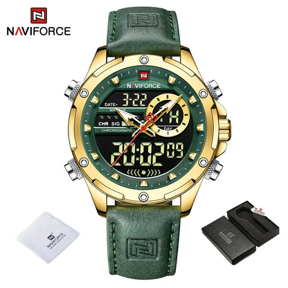 NAVIFORCE Montre-bracelet de luxe originale pour hommes, double fuseau horaire, sport, décontractée, chronographe, alarme, quartz, bracelet en cuir, étanche