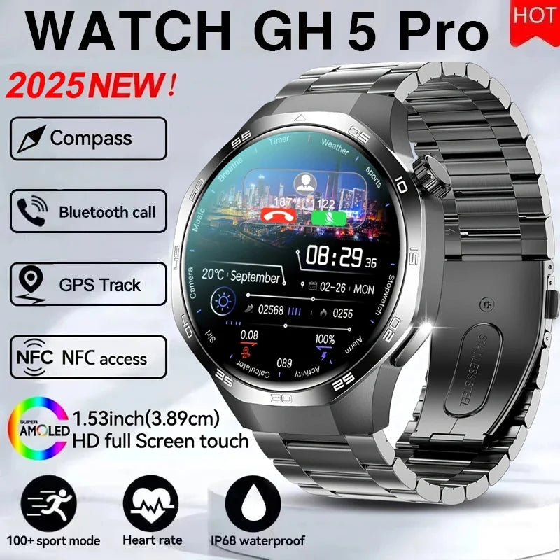 Montre connectée 2026 Watch 5 Pro GPS Suivi Boussole Hommes 360*360 Écran AMOLED NFC Appel BT Étanche Moniteur de Santé Montres Intelligentes Hommes