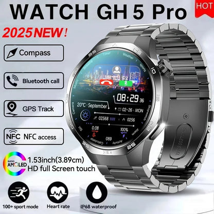 Montre connectée 2026 Watch 5 Pro GPS Suivi Boussole Hommes 360*360 Écran AMOLED NFC Appel BT Étanche Moniteur de Santé Montres Intelligentes Hommes