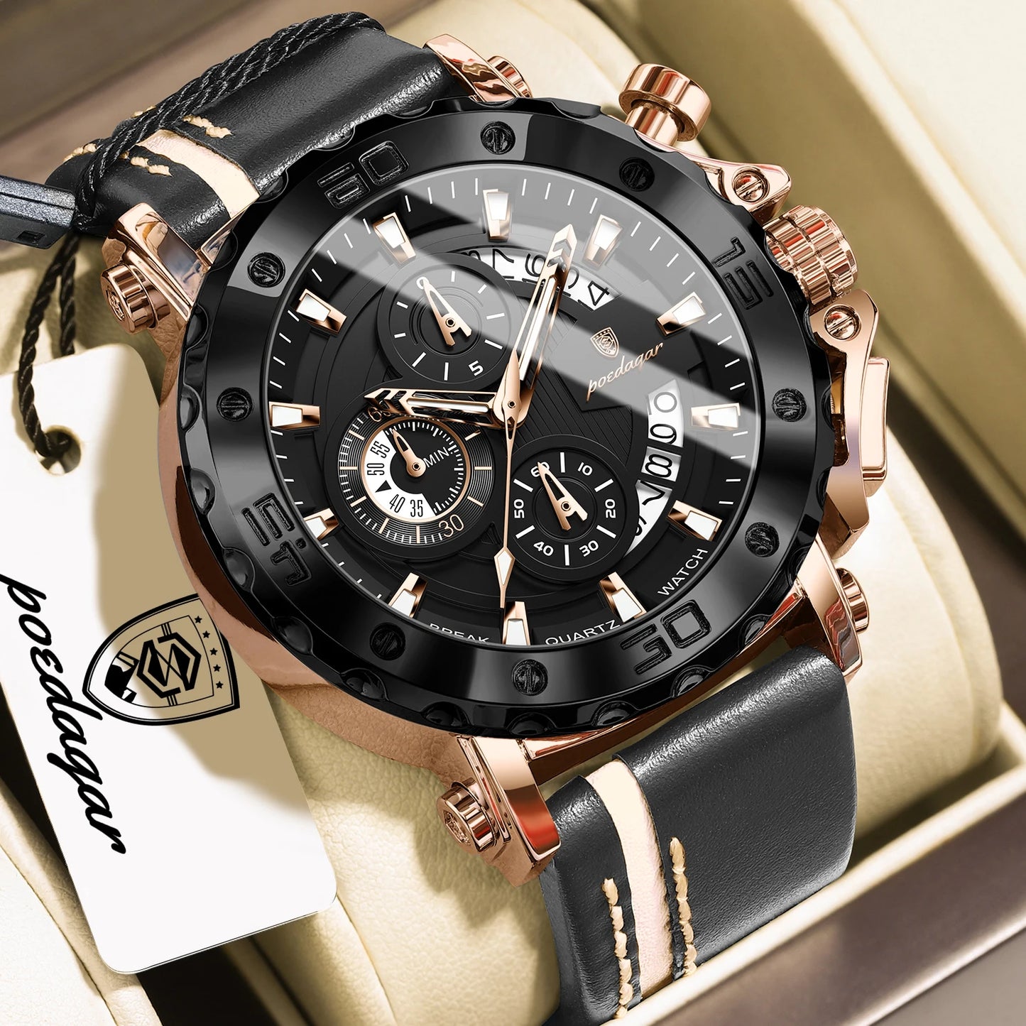 POEDAGAR Montres originales pour homme étanches lumineuses, date, mode, horloge masculine, chronographe, bracelet en cuir, montre-bracelet à quartz pour homme