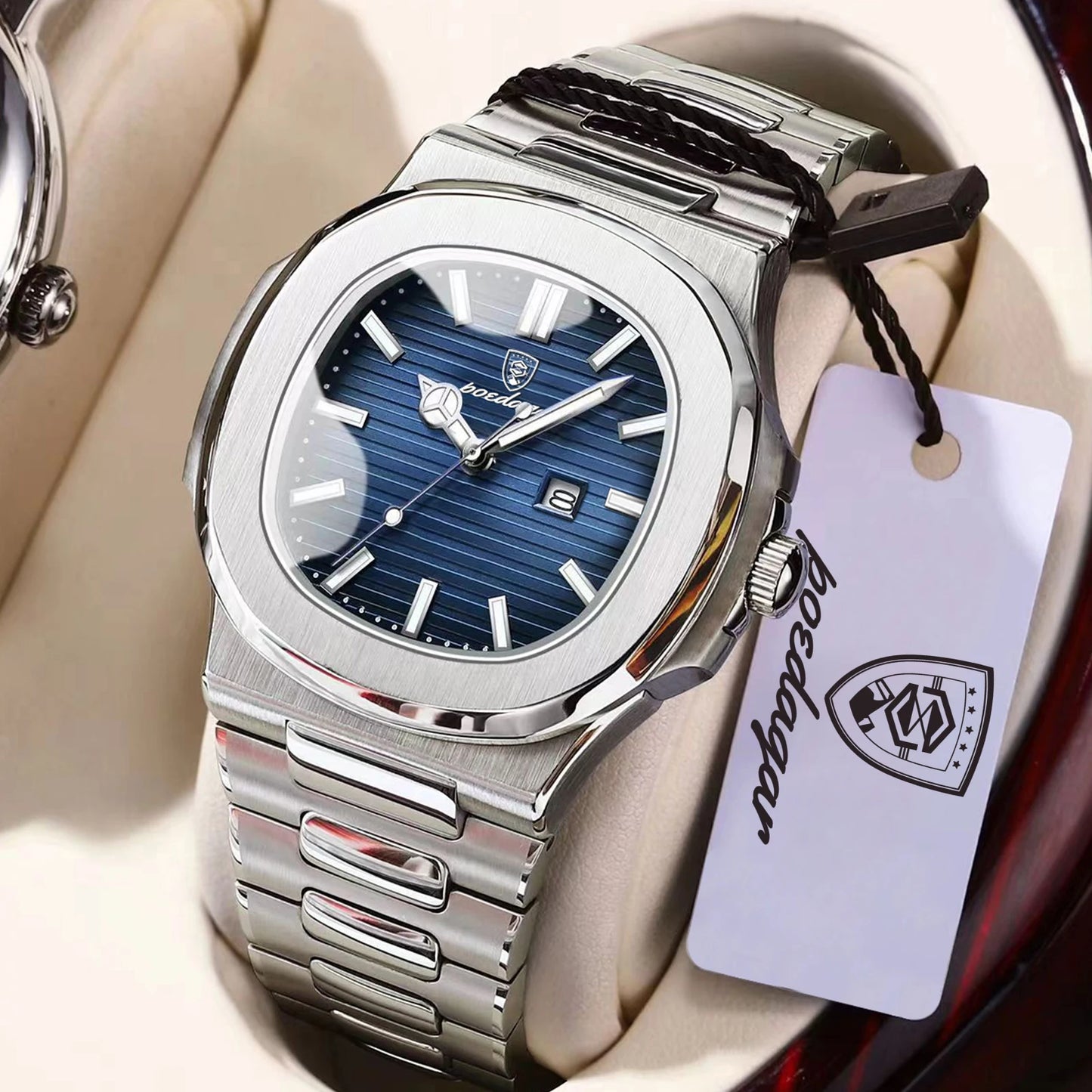 POEDAGAR Montre Homme Carrée Tendance Acier Inoxydable Étanche Lumineuse Date Exquise Montre-Bracelet Masculine Montres à Quartz Pour Hommes