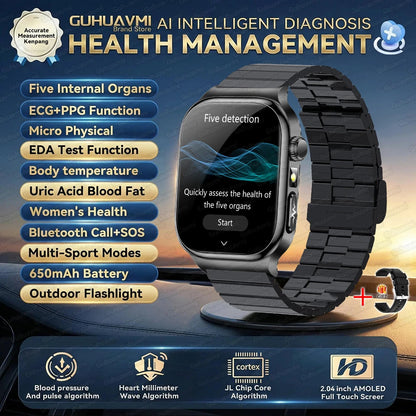 2026 Nouvelle Montre Connectée de Diagnostic Précis Graisse Corporelle ECG Oxygène Sanguin TA Santé Sport Écran AMOLED HD Appel Montres Intelligentes homme femme