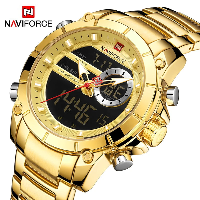 NAVIFORCE 9163 Montre-bracelet de sport de luxe originale pour hommes, mouvement à quartz, étanche en acier, double affichage, montres militaires Relogio Masculino