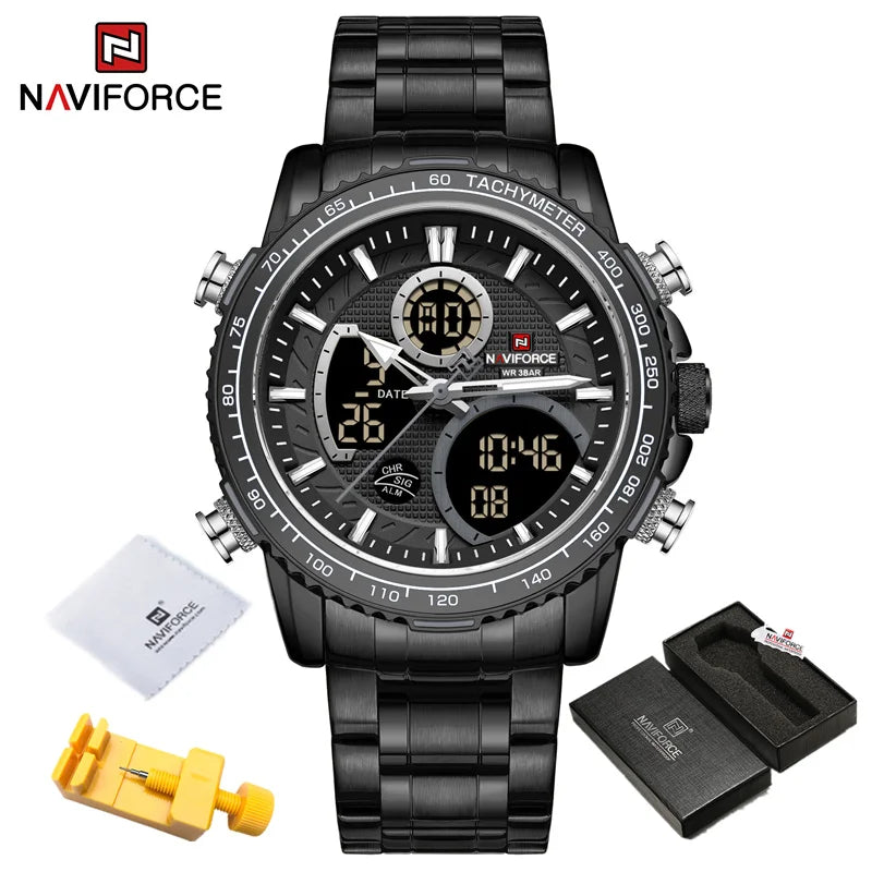 NAVIFORCE Montre Homme Tendance Marque de Luxe Sport Chronographe à Quartz Étanche Militaire en Acier Inoxydable