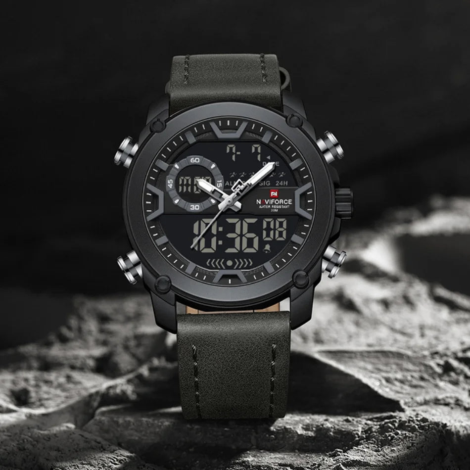 Montres Homme NAVIFORCE Montre-Bracelet Quartz Sport Double Affichage Décontracté Mode Alarme Bracelet Véritable Homme Étanche 30m