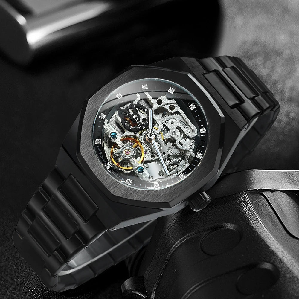 Montre mécanique squelette Forsining Tourbillon pour homme, aiguilles lumineuses, bracelet en acier inoxydable, montres automatiques tendance pour le travail