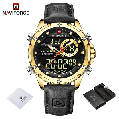 NAVIFORCE Montre-bracelet de luxe originale pour hommes, double fuseau horaire, sport, décontractée, chronographe, alarme, quartz, bracelet en cuir, étanche