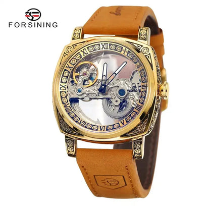 Forsining 403B Montres-bracelets automatiques pour hommes avec cadran squelette argenté et bracelet en cuir marron, cadeau idéal pour une fête