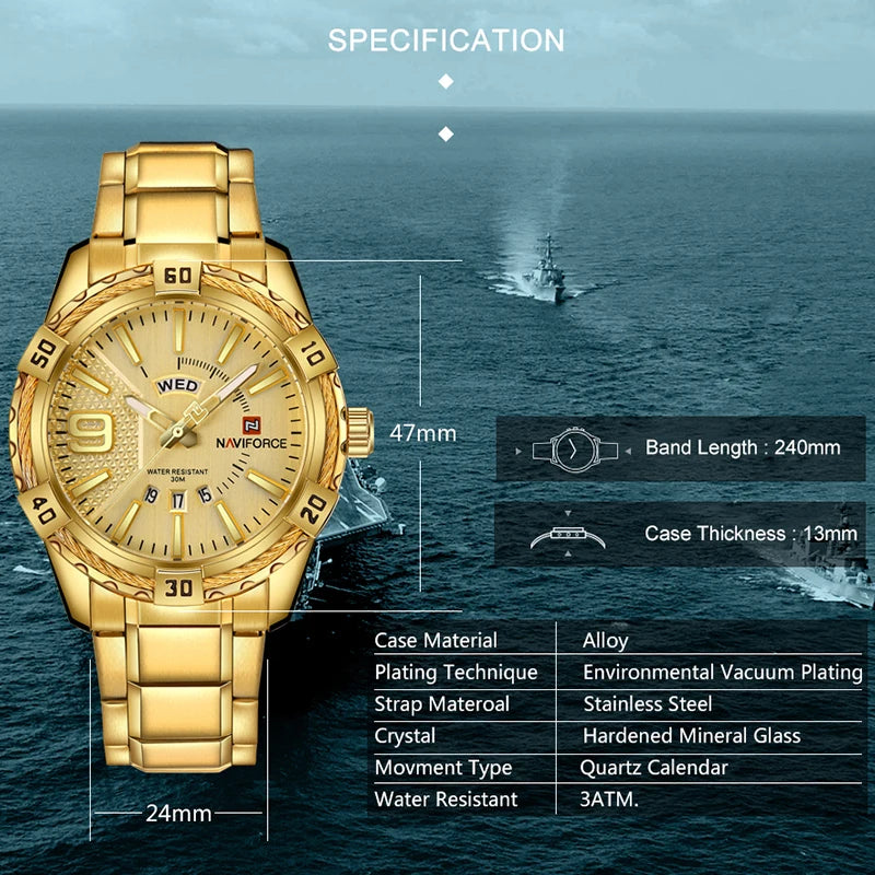 NAVIFORCE – Montre-bracelet de luxe pour homme, marque originale, quartz, classique, étanche, bracelet en acier, horloge pour homme